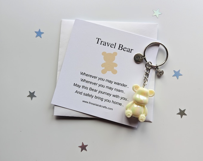 Cream Travel bear keychain, personalised, birthday gift idea for a friend, bear keyring, good luck charm, bear bag charm