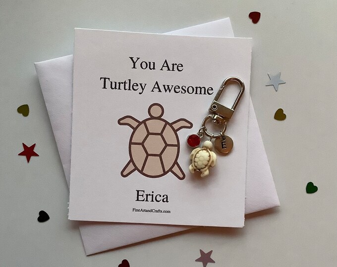 Turtle keychain, turtle keyring, personalised gift, animal theme, you are turtley awesome, turtle bag charm, turtle card, cream turtle