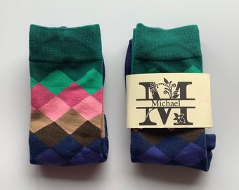 Personalised socks, unisex socks, argyle socks, sock gift, custom label sock, multi coloured sock