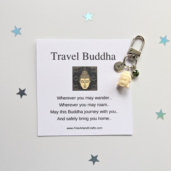 Cream Travel Buddha keychain, birthday gift idea for a friend, lucky buddha keyring, good luck charm, personalised, Travel gift bag charm