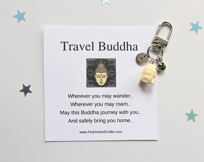 Cream Travel Buddha keychain, birthday gift idea for a friend, lucky buddha keyring, good luck charm, personalised, Travel gift bag charm