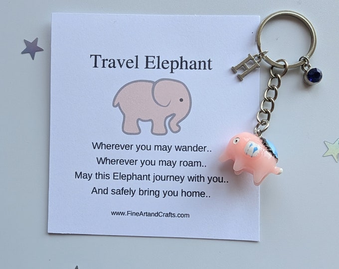 Travel elephant, personalised gift, Elephant keychain, elephant bag charm, birthday gift idea, good luck charm, Elephant gift