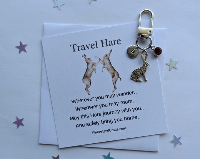 Travel hare, hare keychain, travel gift, personalised bag charm, birthday gift idea for a friend, good luck charm, hare lover, lucky gift