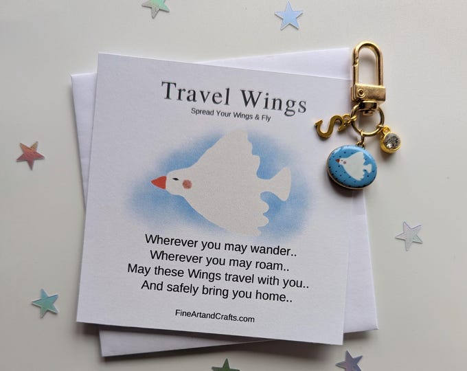 Travel Gift, Spread your wings personalised gift, travel bag charm, gift idea for a friend, good luck charm, travel wings