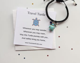 Adjustable travel turtle bracelet, Gift for a friend, black macrame bracelet, Birthday gift, Travel gift, personalised bracelet,