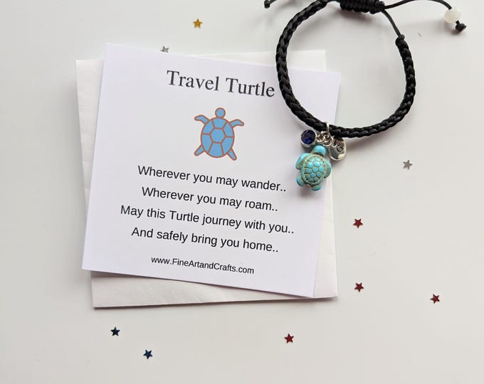 Adjustable travel turtle bracelet, Gift for a friend, black macrame bracelet, Birthday gift, Travel gift, personalised bracelet,
