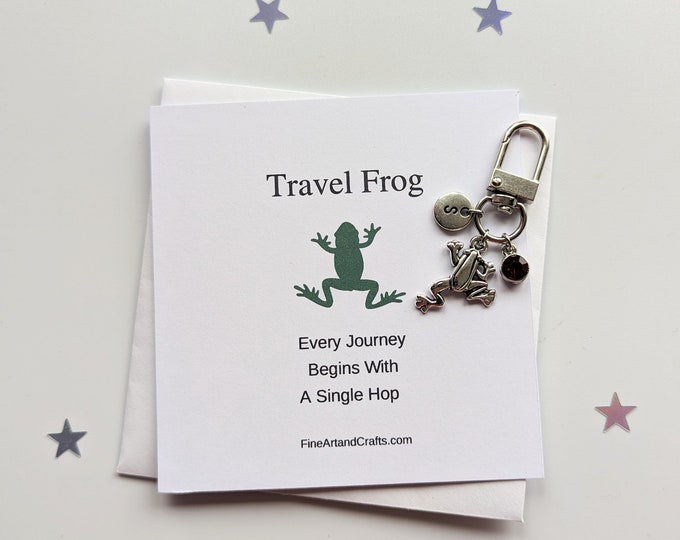 Travel Frog, Frog keychain, frog keyring, personalised, frog bag charm, birthday gift idea for a friend, good luck charm, safe travels
