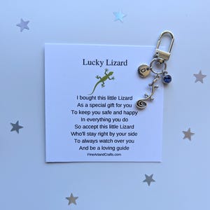 Könnte beinhalten: Ein silberner Anhänger-Schlüsselanhänger mit einem grünen Eidechsen-Anhänger, einem silbernen Anhänger mit dem Buchstaben D, einem blauen Kristall-Anhänger und einem silbernen Wirbel-Anhänger. Der Schlüsselanhänger ist an einer weißen Karte mit dem Text "Lucky Lizard" und einem Gedicht über den Anhänger befestigt.