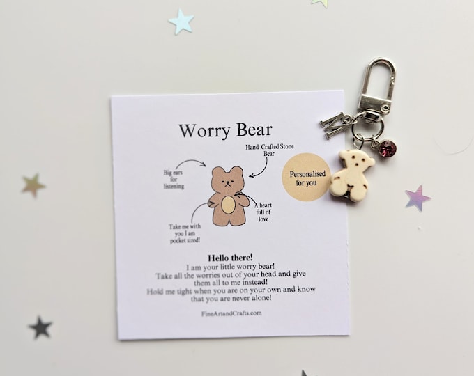 Worry Bear, personalised gift, bear keychain, teddy bear keyring, bear bag charm, birthday gift idea, good luck charm, anxiety gift