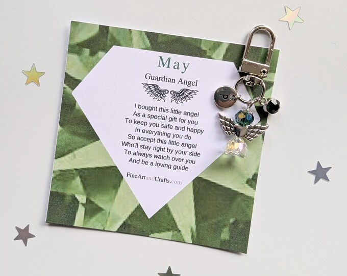 May birthday gift Friend gift, guardian angel gift, protection angel, bag charm, key ring, birthday gift idea, Emerald gift