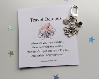 Travel Octopus, travel gift, Octopus keychain, Octopus keyring, personalised, Octopus bag charm, birthday gift idea, good luck charm,