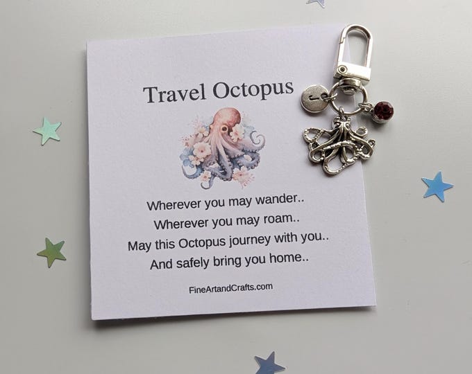 Travel Octopus, travel gift, Octopus keychain, Octopus keyring, personalised, Octopus bag charm, birthday gift idea, good luck charm,