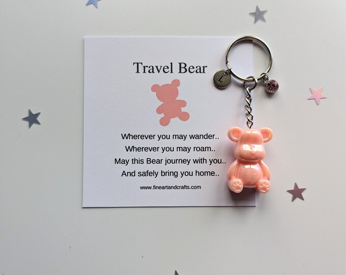 Peach Travel bear keychain, personalised, birthday gift idea for a friend, travel gift, good luck charm, teddy bear bag charm, safe travels