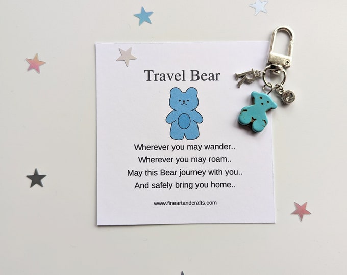 Travel bear, personalised gift, travel gift, teddy bear keyring, bear bag charm, birthday gift idea, good luck charm, Friendship gift