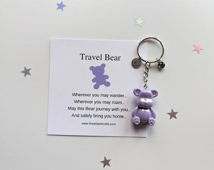 Purple Travel bear keychain, personalised, birthday gift idea for a friend, bear keyring, good luck charm, bear bag charm, travel companion
