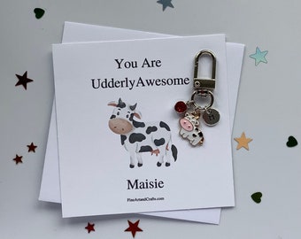 Cow keychain, personalised gift, animal theme, you are udderly awesome, cow bag charm, gift for a friend, birthday present