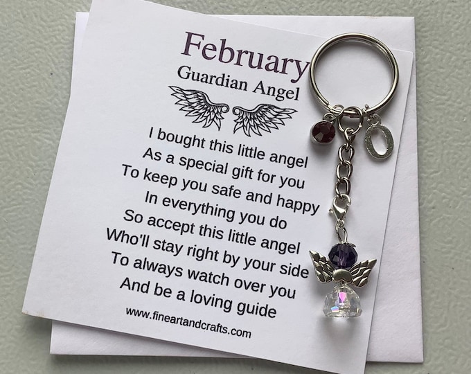 February birthday gift Friend gift, guardian angel gift, protection angel, bag charm, key ring, birthday gift idea, Amethyst gift