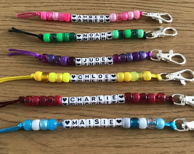 Personalised keychain, bag charm, school bag charm, key ring, any name, personalised gift, beaded keychain