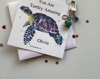 Turtle keychain, turtle keyring, personalised gift, animal theme, turtley amazing, turtle bag charm, turtle card, turquoise turtle