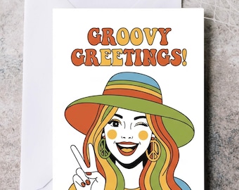Greeting card, Groovy greetings greeting card, travel gift, friend card, birthday card, blank greeting card, A6 card, hippy card