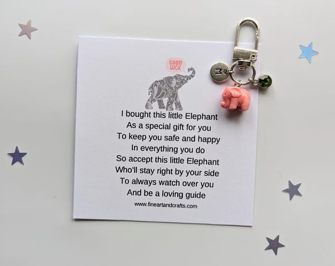 Lucky elephant keychain, birthday gift idea, elephant keyring, good luck charm, personalised, pink elephant bag charm, friendship gift,