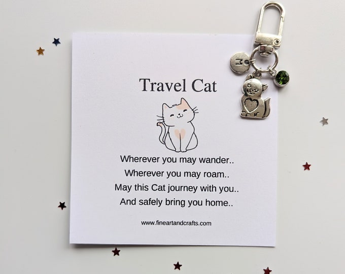 Travel cat, cat keychain, travel gift, personalised, cat bag charm, birthday gift idea for a friend, good luck charm, cat lover