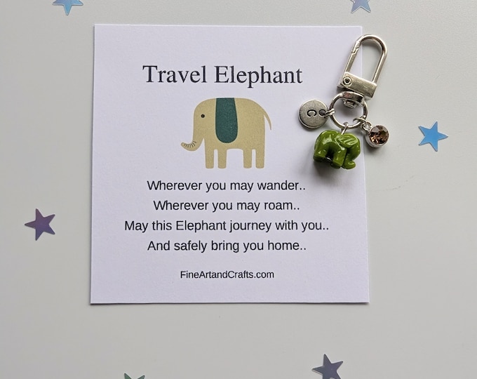 Travel elephant, Green Elephant keychain, travel gift, personalised, elephant bag charm, birthday gift idea for a friend, travel gift