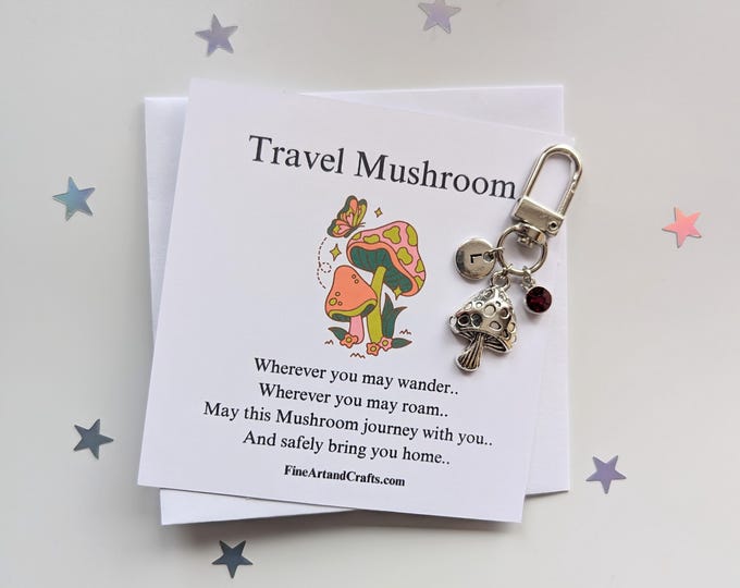 Travel mushroom, silver plated mushroom keychain, travel gift, personalised, mushroom bag charm, birthday gift idea for a friend, good luck