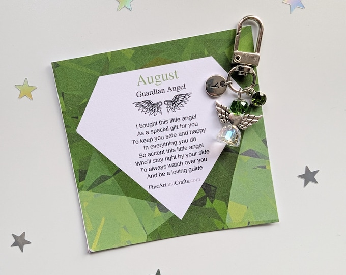Swarovski August birthday gift, Friend gift, guardian angel gift, protection angel, bag charm, key ring, birthday gift idea, peridot gift
