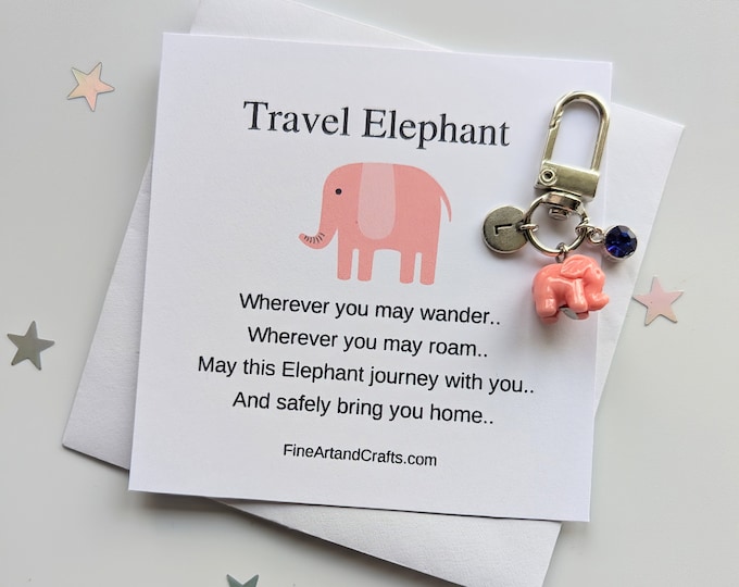 Travel gift, Pink Elephant keychain, travel gift, personalised, travel elephant bag charm, birthday gift idea for a friend, good luck charm