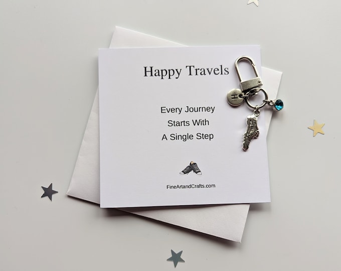 Happy travels, shoe keychain, Every journey starts with a single step, birthday gift idea for a friend, good luck charm, travel gift