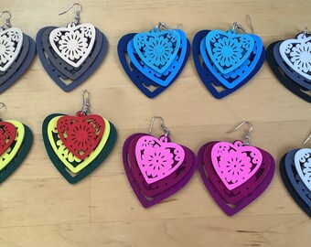 Hand painted wooden earrings, light weight dangle earrings, wood earrings, summer earrings, fabulous colours, heart earrings