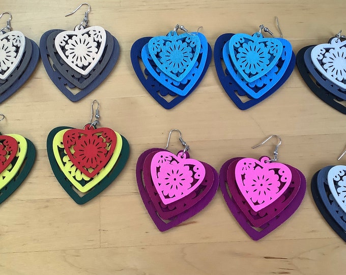 Hand painted wooden earrings, light weight dangle earrings, wood earrings, summer earrings, fabulous colours, heart earrings