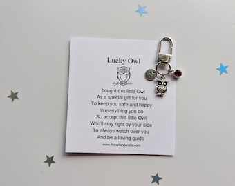 Lucky owl keychain, birthday gift idea, owl keyring, good luck charm, personalised, owl bag charm, friendship gift