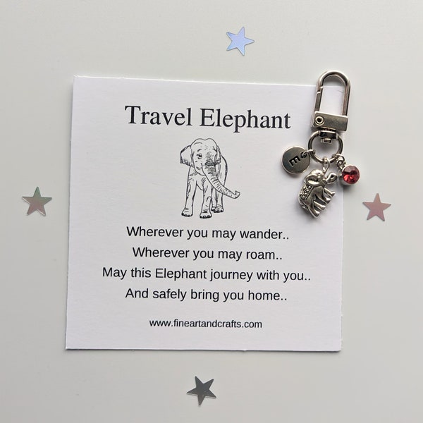 Travel elephant, Elephant keychain, elephant keyring, personalised, elephant bag charm, birthday gift idea for a friend, good luck charm