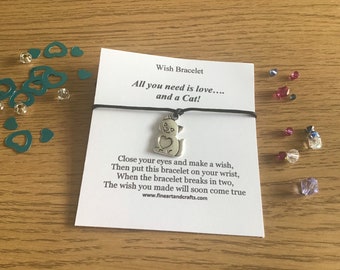 Wish bracelet, cat lover gift, cat charm, friendship bracelet