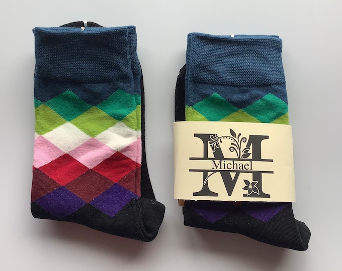 Personalised socks, unisex socks, argyle socks, sock gift, custom label sock, multi coloured sock