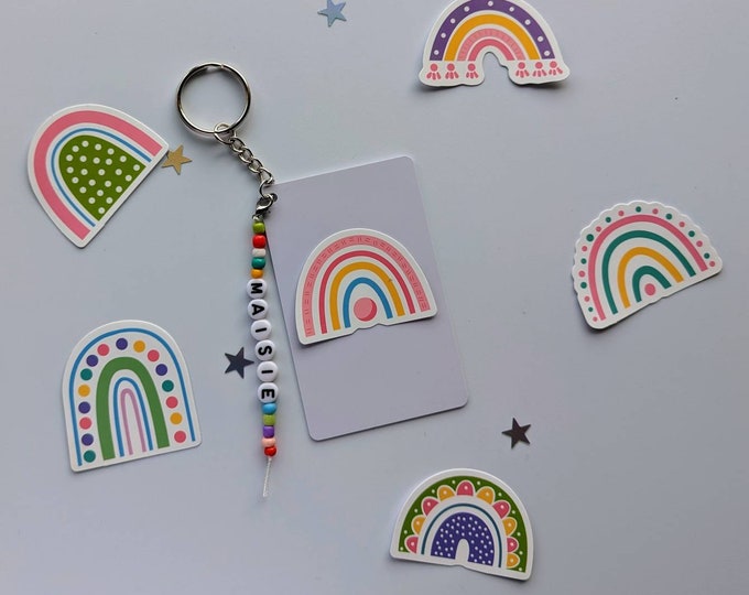 Rainbow keychain, Rainbow bag charm, Rainbow sticker gift, personalised gift, name bag tag, gift idea for friends, birthday gift idea, BFF