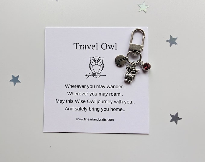 Travel owl, Wise owl keychain, graduation gift, personalised, owl bag charm, birthday gift idea for a friend, good luck charm,