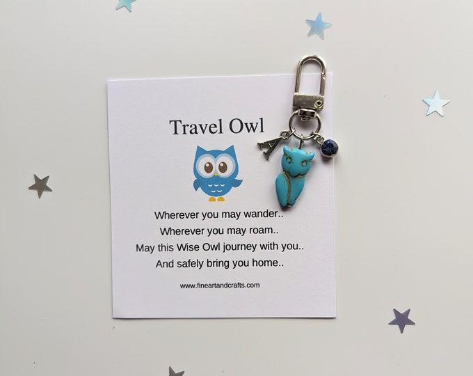 Travel gift, Owl keychain, wise owl keyring, personalised gift, good luck charm, Graduation gift, friendship gift, travel keepsake