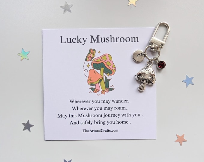 Lucky mushroom, silver plated mushroom keychain, travel gift, personalised, mushroom bag charm, birthday gift idea for a friend, good luck