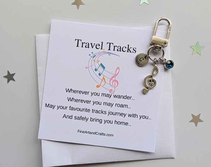 Travel Gift, music lover, musical keepsake keyring, personalised, good luck charm, Safe travels, treble clef, travel tracks