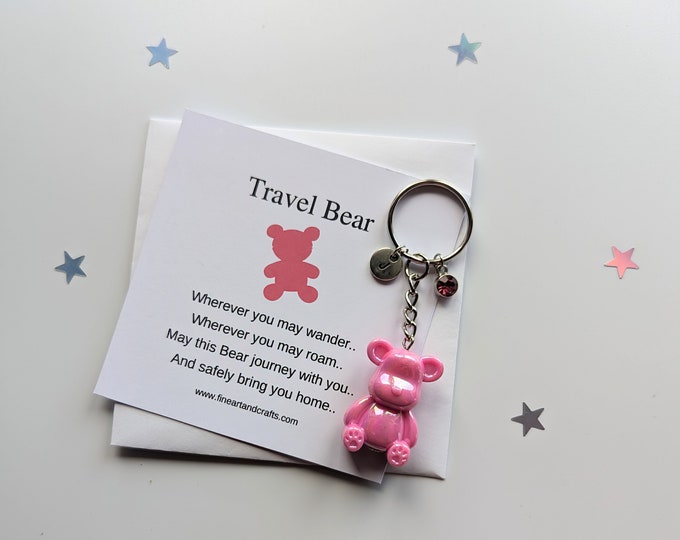 Pink Travel bear keychain, personalised, birthday gift idea for a friend, travel companion, travel teddy bear bag charm, safe travels