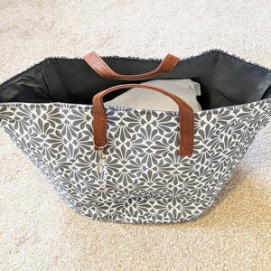 Shopping bag, personalised bag, grey and white patterned design, tote bag, large bag, large book bag, uni bag, Friend gift