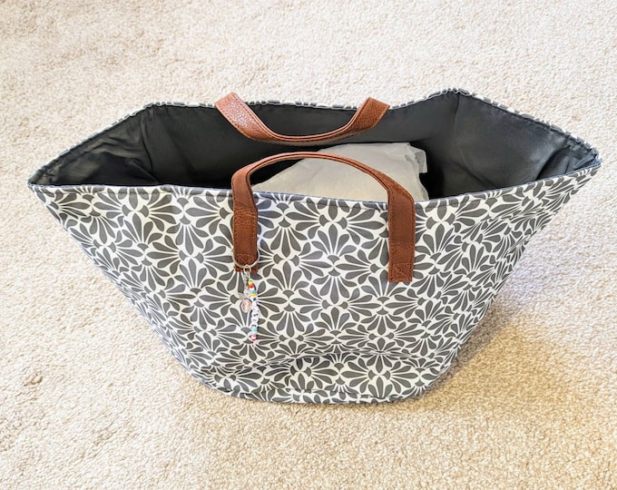 Shopping bag, personalised bag, grey and white patterned design, tote bag, large bag, large book bag, uni bag, Friend gift