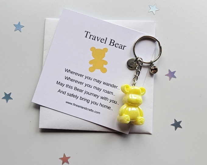 Yellow Travel bear keychain, teddy bear bag charm, personalised, birthday gift idea for a friend, travel gift, good luck charm,
