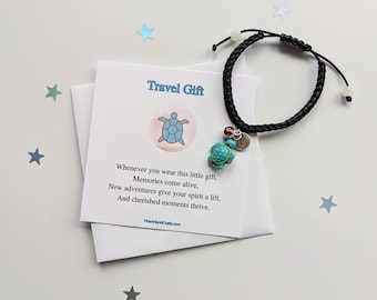 Adjustable travel turtle bracelet, Gift for a friend, black macramé  corded bracelet, Birthday gift, Travel gift, personalised bracelet