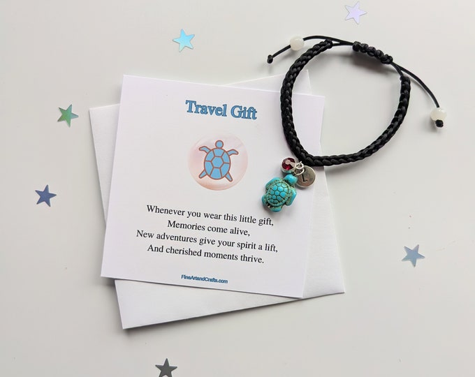 Adjustable travel turtle bracelet, Gift for a friend, black macramé  corded bracelet, Birthday gift, Travel gift, personalised bracelet
