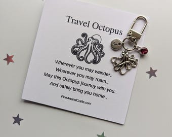 Travel Octopus, Octopus keychain, Octopus keyring, personalised, Octopus bag charm, birthday gift idea, good luck charm, travel gift
