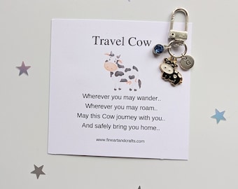 Travel Gift, travel gift idea for a friend, Travel cow, personalised, good luck charm, Safe travels, cow bag charm,